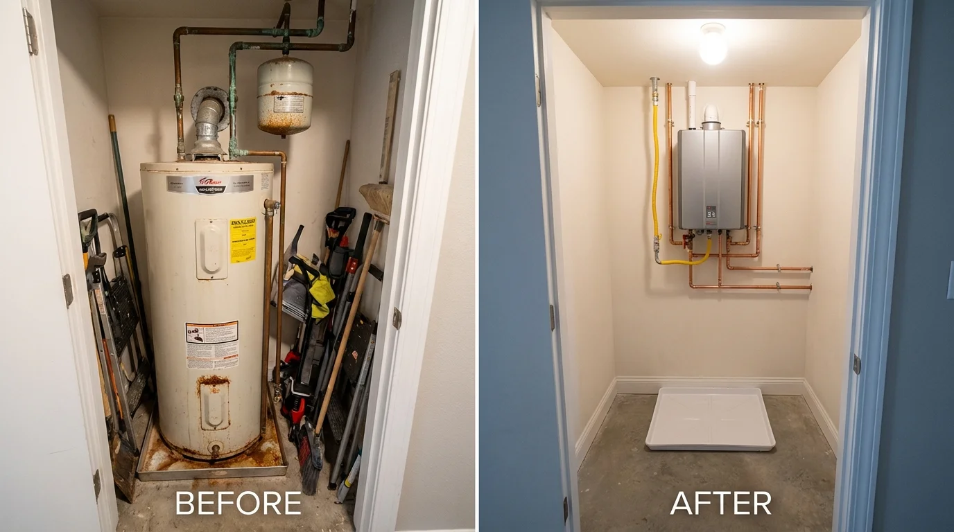 Tank water heater versus wall-mounted tankless unit comparison for Manor, TX homeowners