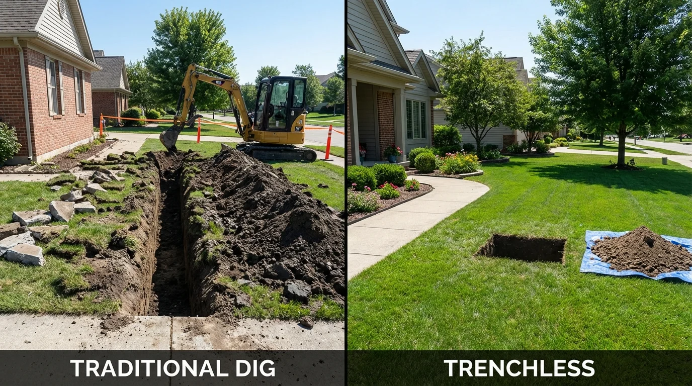 Trenchless sewer repair with minimal yard damage versus traditional excavation in Manor, TX